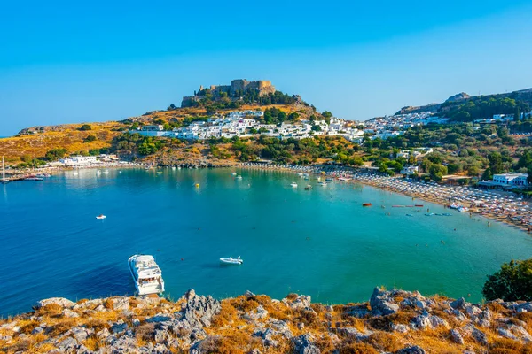 stock image Panorama view of Greek town Lindos at Rhodes island.