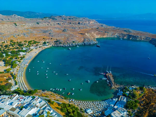 Vue Panoramique Plage Lindos Sur Île Grecque Rhodes — Photo