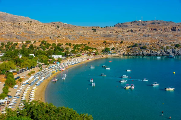 Stock image Panorama view of Lindos beach at Greek island Rhodes.