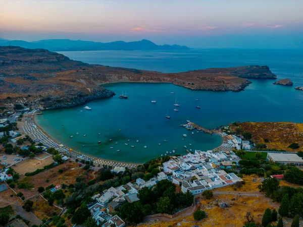 Coucher Soleil Vue Panoramique Sur Plage Lindos Sur Île Grecque — Photo