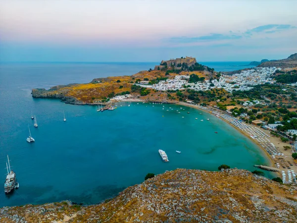 Solnedgång Panorama Över Den Grekiska Staden Lindos Rhodos — Stockfoto