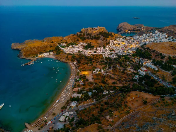 Sunset Panorama Greek Town Lindos Rhodes Island — Stock Photo, Image