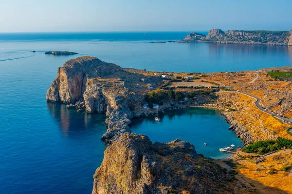 Plaża Świętego Pawła Greckim Miasteczku Lindos Wyspie Rodos — Zdjęcie stockowe
