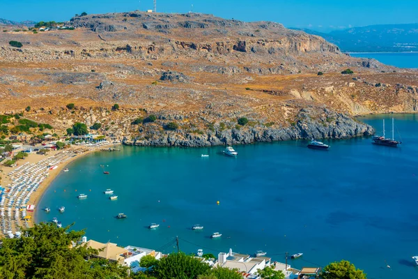 希腊罗得岛林多斯海滩全景 — 图库照片