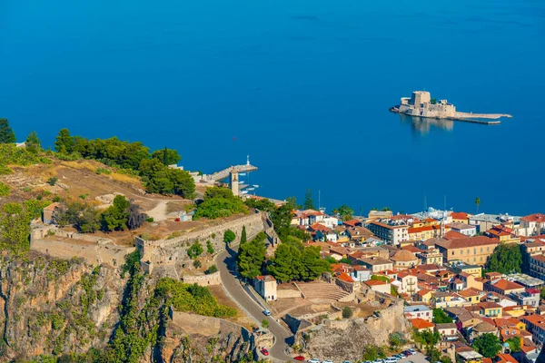 Vedere Panoramică Castelului Akronafplia Cetății Bourtzi Din Nafplio Grecia — Fotografie, imagine de stoc