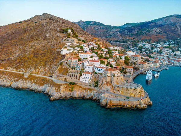 Vista Panorâmica Pôr Sol Cidade Hydra Grécia — Fotografia de Stock