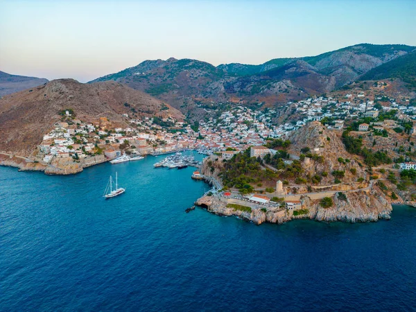 Vista Panorámica Atardecer Ciudad Hydra Grecia —  Fotos de Stock