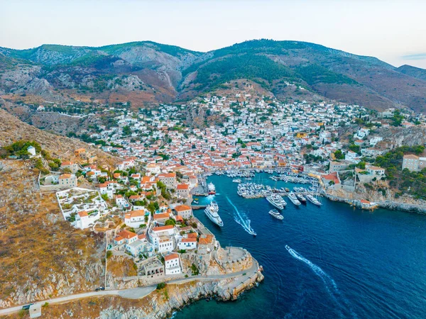 Vista Panorâmica Pôr Sol Cidade Hydra Grécia — Fotografia de Stock