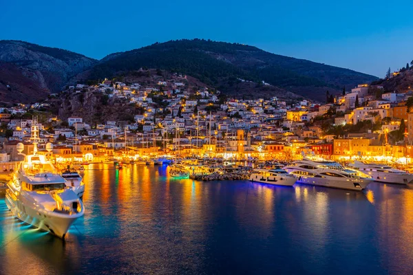 Vista Nocturna Del Puerto Hydra Grecia — Foto de Stock