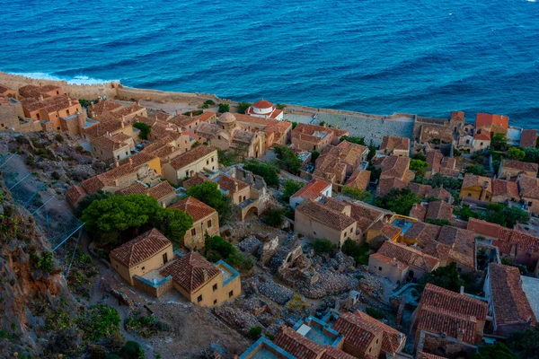 stock image Sunset view of rooftops of Greek town Monemvasia.