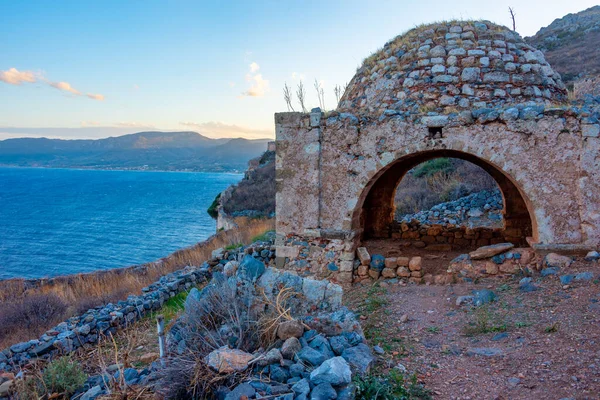 Zonsondergang Uitzicht Ruïnes Van Het Kasteel Monemvasia Griekenland — Stockfoto