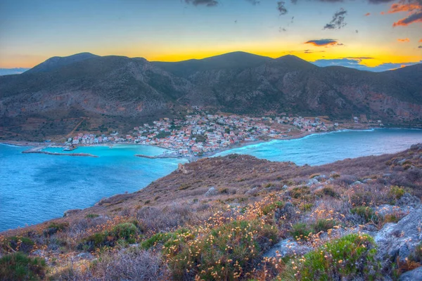 Solnedgång Panorama Utsikt Över Den Grekiska Staden Gefira — Stockfoto