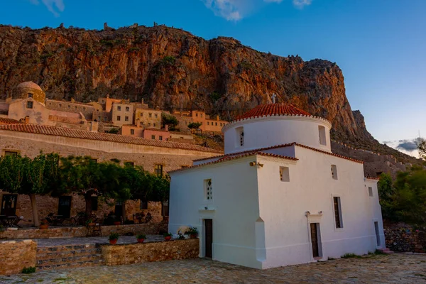 stock image Sunrise over Chrysafitissa square in Greek town Monemvasia.