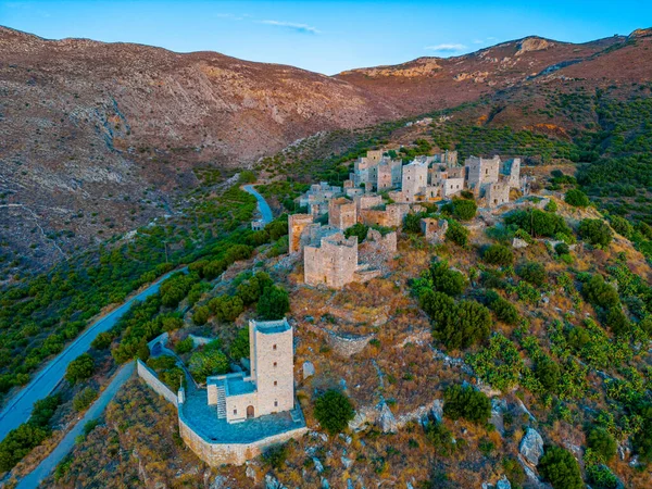 stock image Sunset panorama view of Vathia village at Peloponnese peninsula in Greece.