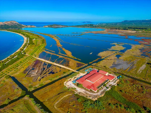 stock image Aerial view of Limni Divari lagoon in Greece.