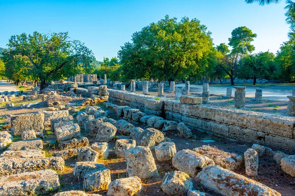 Coucher Soleil Sur Site Archéologique Olympia Grèce — Photo