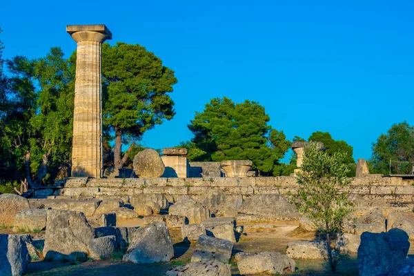 Sunset view of Temple of Zeus at Archaeological Site of Olympia in Greece.