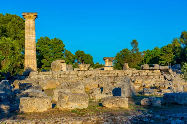 Pôr Sol Vista Templo Zeus Sítio Arqueológico Olímpia Grécia — Fotografia de Stock