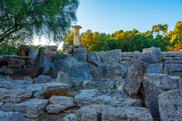 Pôr Sol Vista Templo Zeus Sítio Arqueológico Olímpia Grécia — Fotografia de Stock