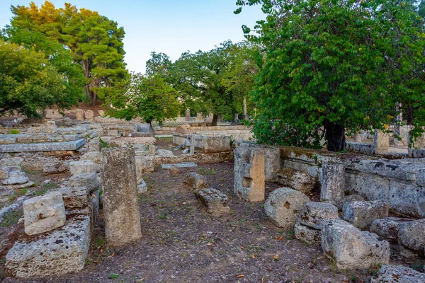 Vista Pôr Sol Sítio Arqueológico Olímpia Grécia — Fotografia de Stock