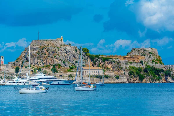 stock image Boats mooring next to the Palaio Frourio at Greek island Corfu.