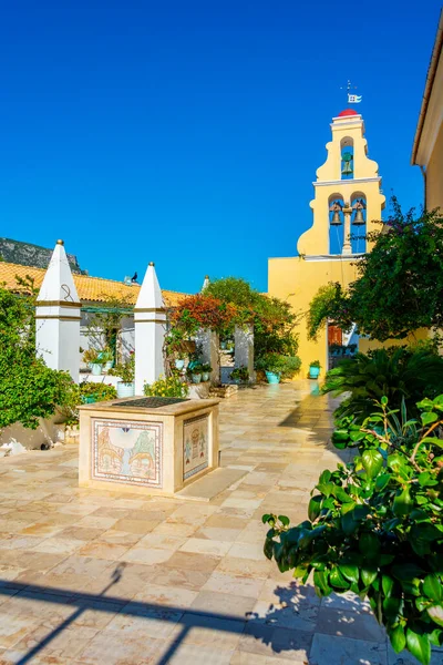 stock image Courtyard of the Monastery of Paleokastritsa at Greek island Corfu.