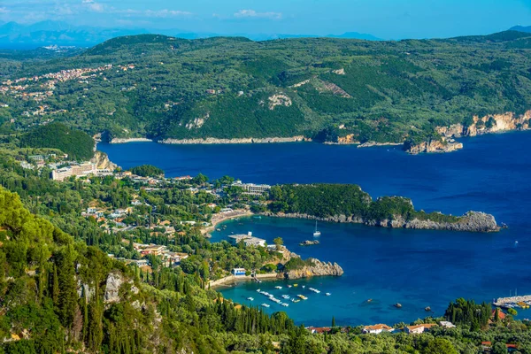 Panorama Pohled Pobřeží Ostrova Paleokastritsa Řeckém Ostrově Korfu — Stock fotografie