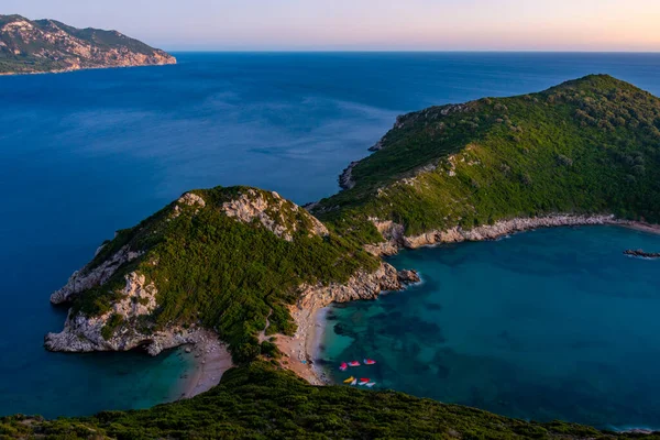 Vista Pôr Sol Praia Porto Timoni Ilha Grega Corfu — Fotografia de Stock