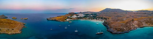 Panorama Pôr Sol Cidade Grega Lindos Ilha Rodes — Fotografia de Stock