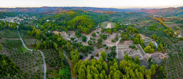 Sunset panorama view of Archaeological Site of Olympia in Greece.