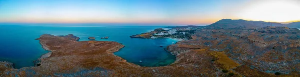 Zonsondergang Panorama Van Griekse Stad Lindos Rhodos Eiland — Stockfoto