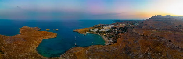 Západ Slunce Panorama Řeckého Města Lindos Ostrově Rhodos — Stock fotografie