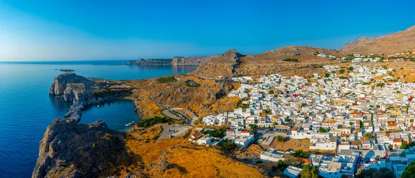 Vue Panoramique Des Maisons Blanches Ville Grecque Lindos Sur Île — Photo