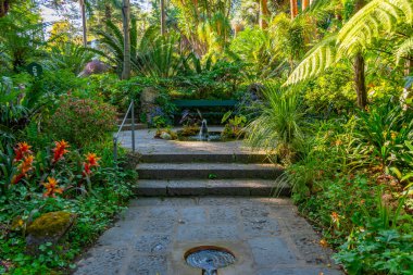 İtalya, Ischia 'daki Giardini la Mortella bahçelerindeki çeşme..