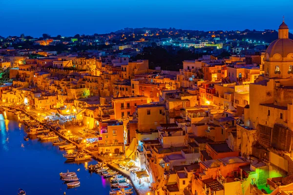 stock image Sunset view of Marina di Corricella at Italian island Procida.