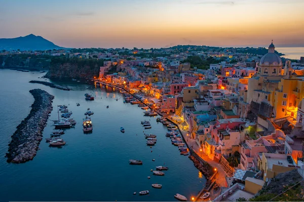 Stock image Sunset view of Marina di Corricella at Italian island Procida.