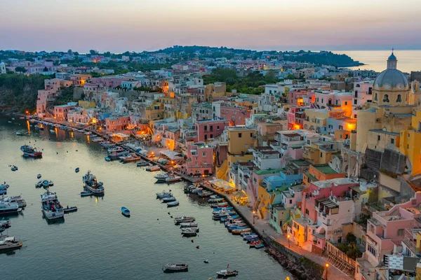 stock image Sunset view of Marina di Corricella at Italian island Procida.