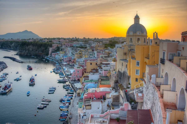 Sunset View Marina Corricella Італійському Острові Прочіда — стокове фото