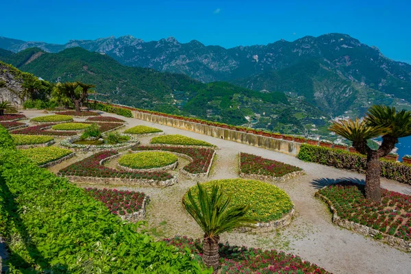 Colorful, symmetrical garden at Villa Rufolo in Ravello, Italy.