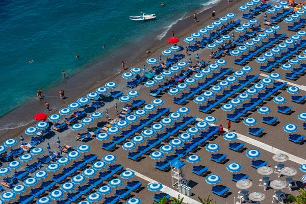 Blue White Umbrellas Positano Beach Italy — Stock Photo, Image