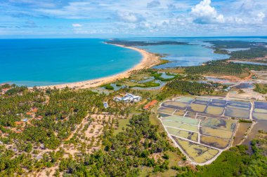 Sri Lanka 'daki Kalpitiya' da rüzgar enerjili türbinlerin gözden kaçırdığı tarım alanlarının havadan görünüşü.