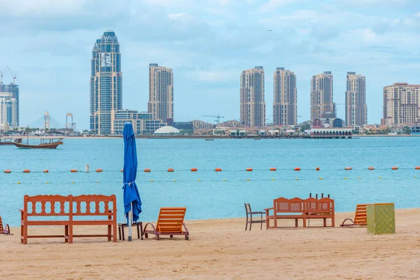 stock image Skyline of Doha viewed behind Katara beach, Qatar.