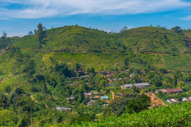 Sri Lanka 'nın tepeli manzarası bir trenden seyredilen köyler ve çay tarlalarıyla dolu..