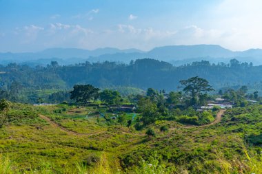 Sri Lanka 'nın tepeli manzarası bir trenden seyredilen köyler ve çay tarlalarıyla dolu..