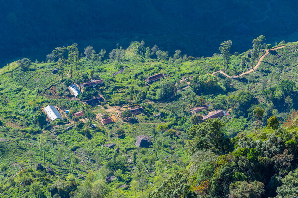 Small settlement below World's end viewpoint at Horton Plains national park at Sri Lanka.