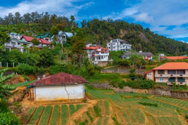 Nuwara Eliya yakınlarındaki köyler ve çay tarlalarıyla benekli Sri Lanka 'nın Hilly manzarası.