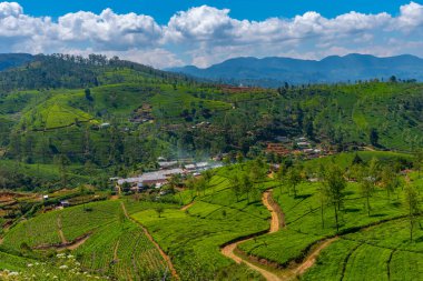 Nuwara Eliya yakınlarındaki köyler ve çay tarlalarıyla benekli Sri Lanka 'nın Hilly manzarası.