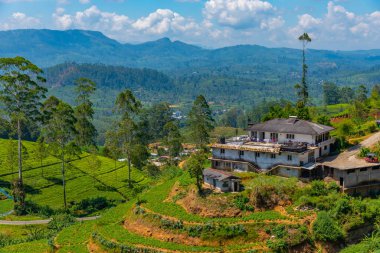 Nuwara Eliya yakınlarındaki köyler ve çay tarlalarıyla benekli Sri Lanka 'nın Hilly manzarası.