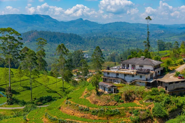 ヌワラエリヤ近くの村や茶畑が点在するスリランカの丘陵地帯 — ストック写真