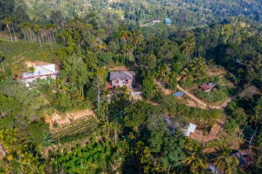 Ella yakınlarındaki köyler ve çay tarlalarıyla dolu Sri Lanka 'nın tepeli manzarası.